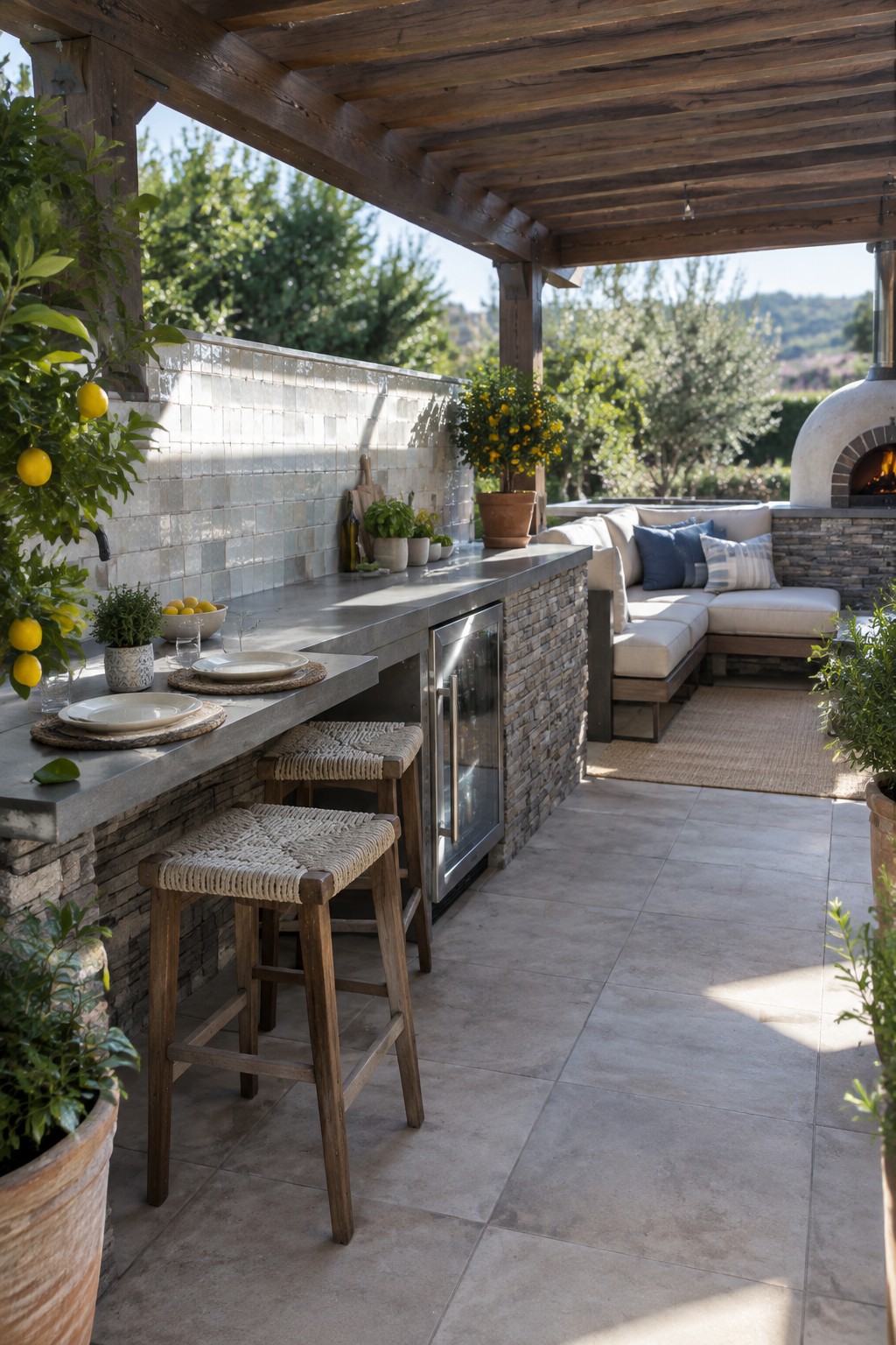 Covered outdoor kitchen with concrete counter, woven stools, sofa, and stone oven