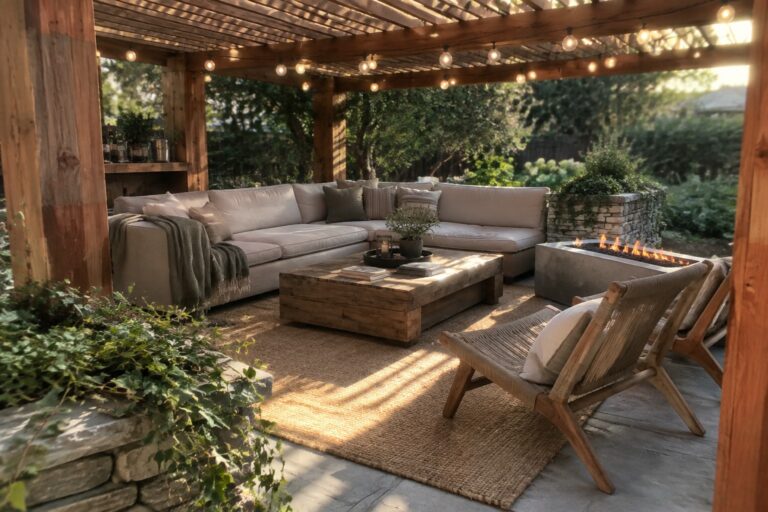 25 Cozy Wooden Pergola Ideas Centered on Sectional Seating and Lounge Furniture A wooden pergola with string lights shelters a large outdoor sectional sofa, two lounge chairs, a wooden coffee table, and a fire pit on a patio with a woven rug.