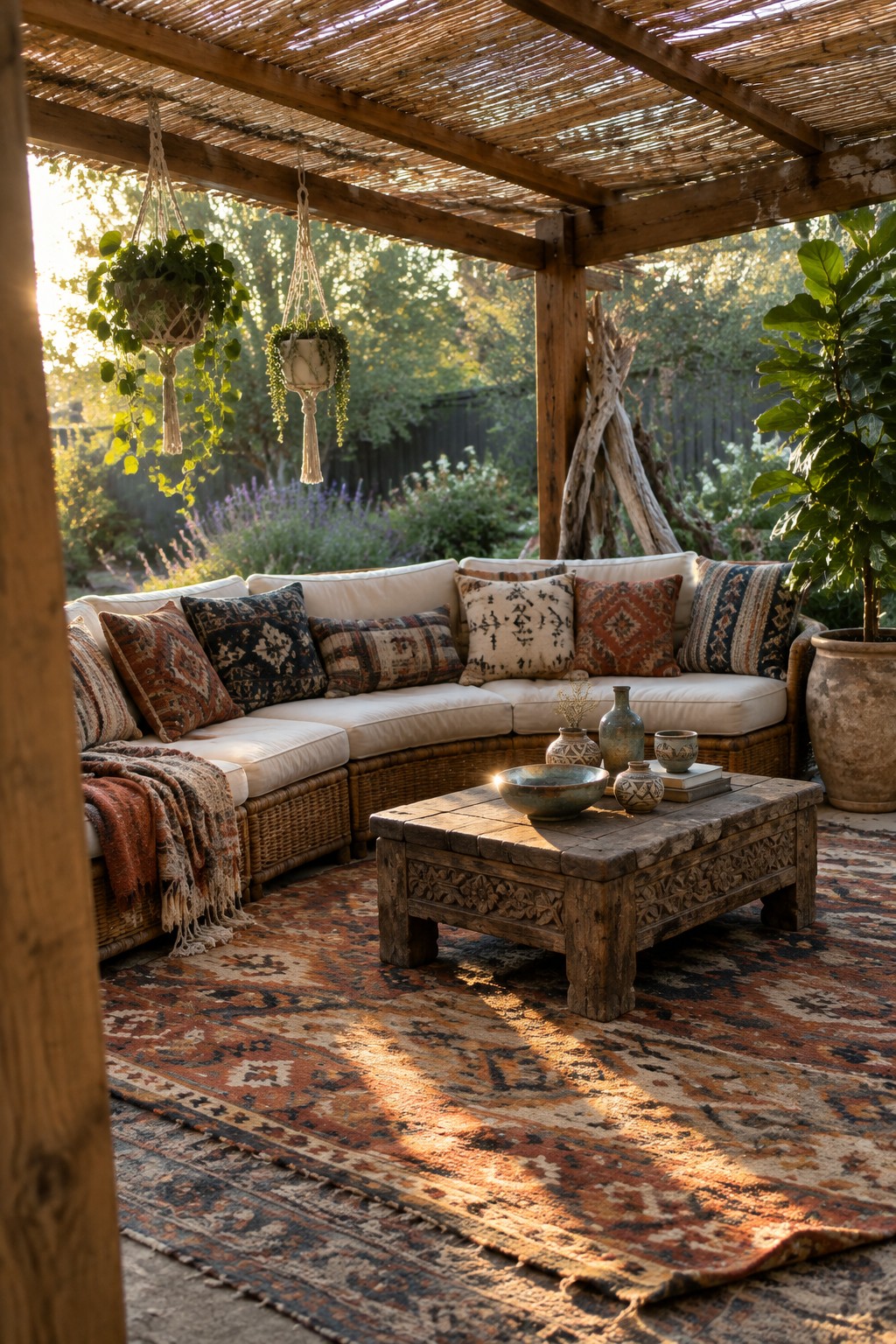 Bohemian patio with rattan sofa, patterned pillows, carved table, and hanging plants in sunlight