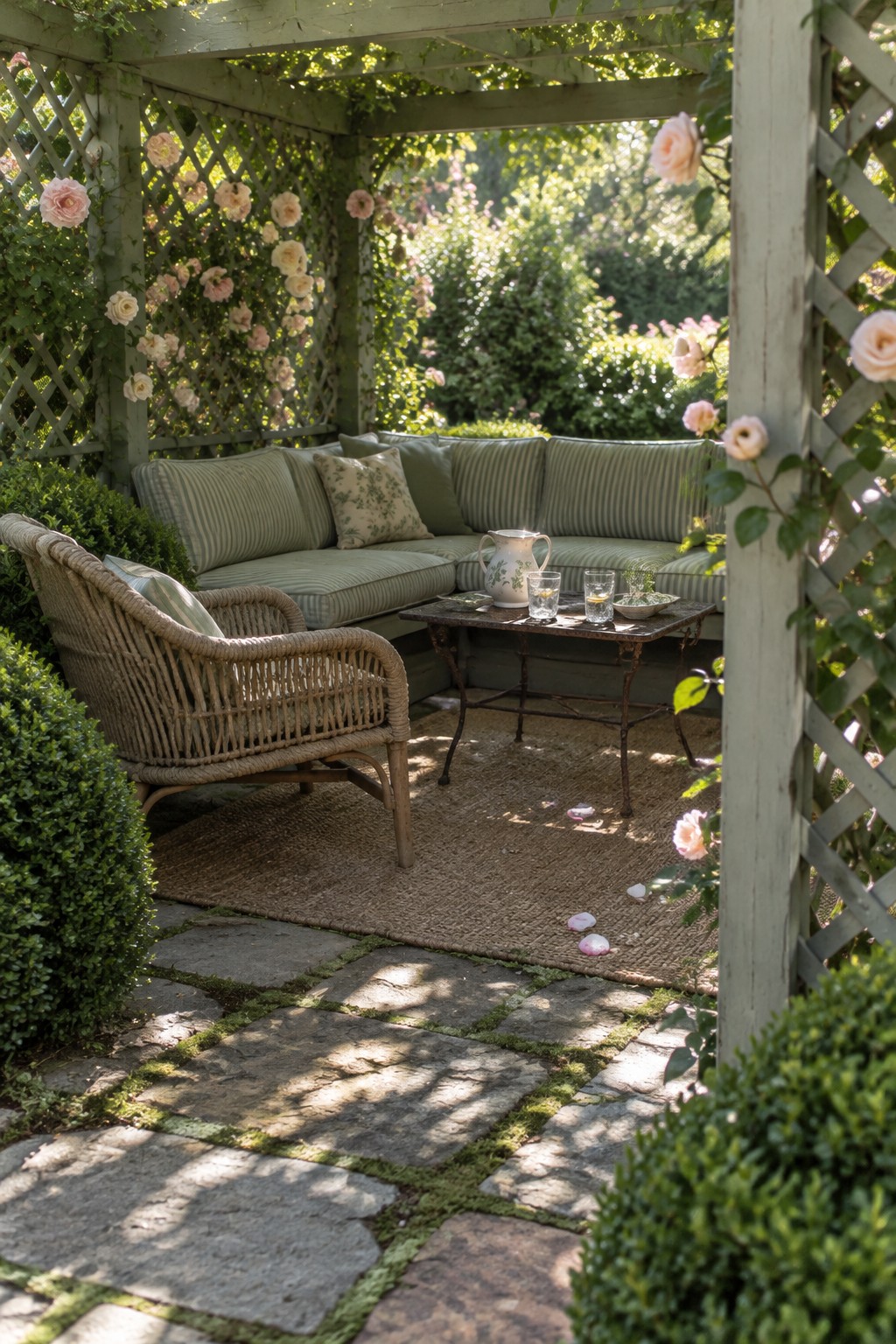 A wooden pergola with lattice sides covered in pink climbing roses, a green striped sectional sofa in the corner, a wicker chair, and a small table on a jute rug over stone pavers.