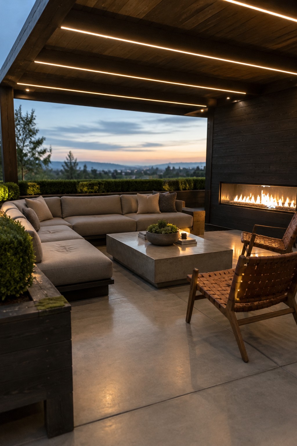 Modern patio with beige sectional sofa, woven chairs, concrete table, and lit fireplace at dusk