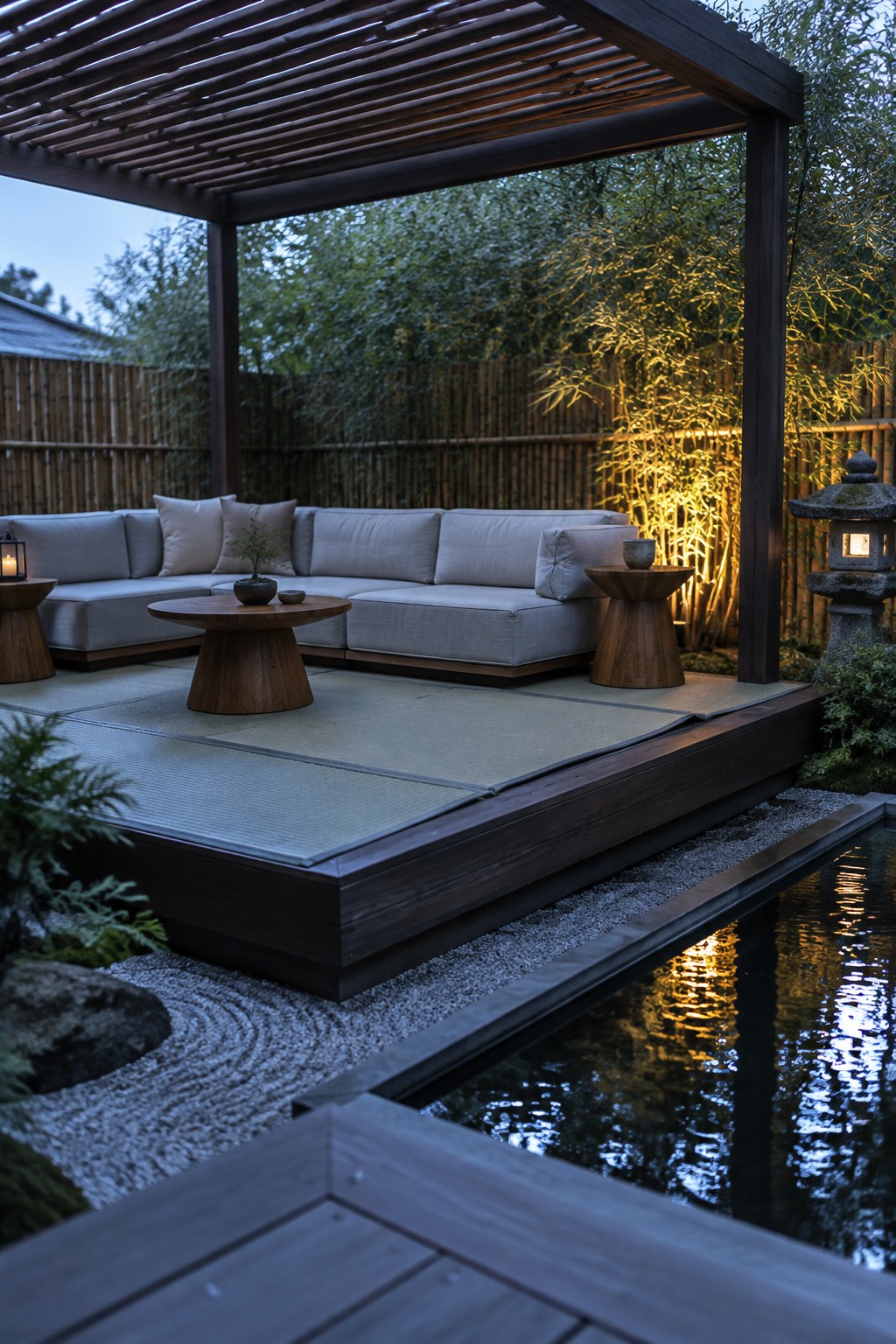 A wooden pergola shades a light gray sectional sofa placed on a low raised deck platform next to a narrow pond in a garden with bamboo and gravel.