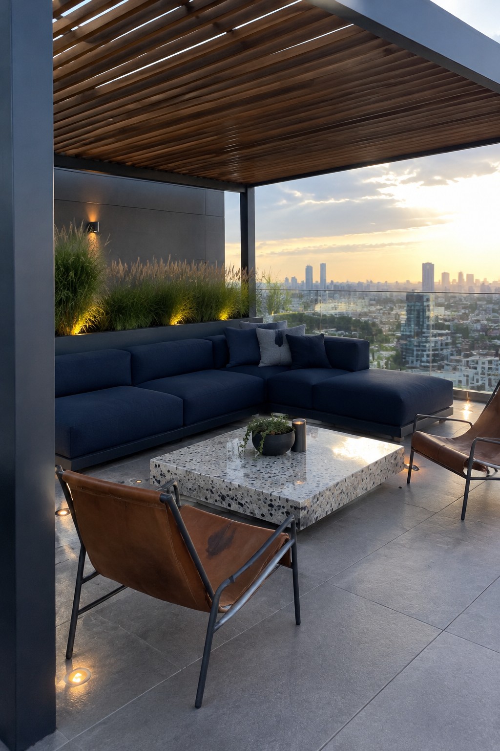 Modern rooftop terrace with navy sectional sofa, leather chairs, terrazzo table, and city skyline at sunset.