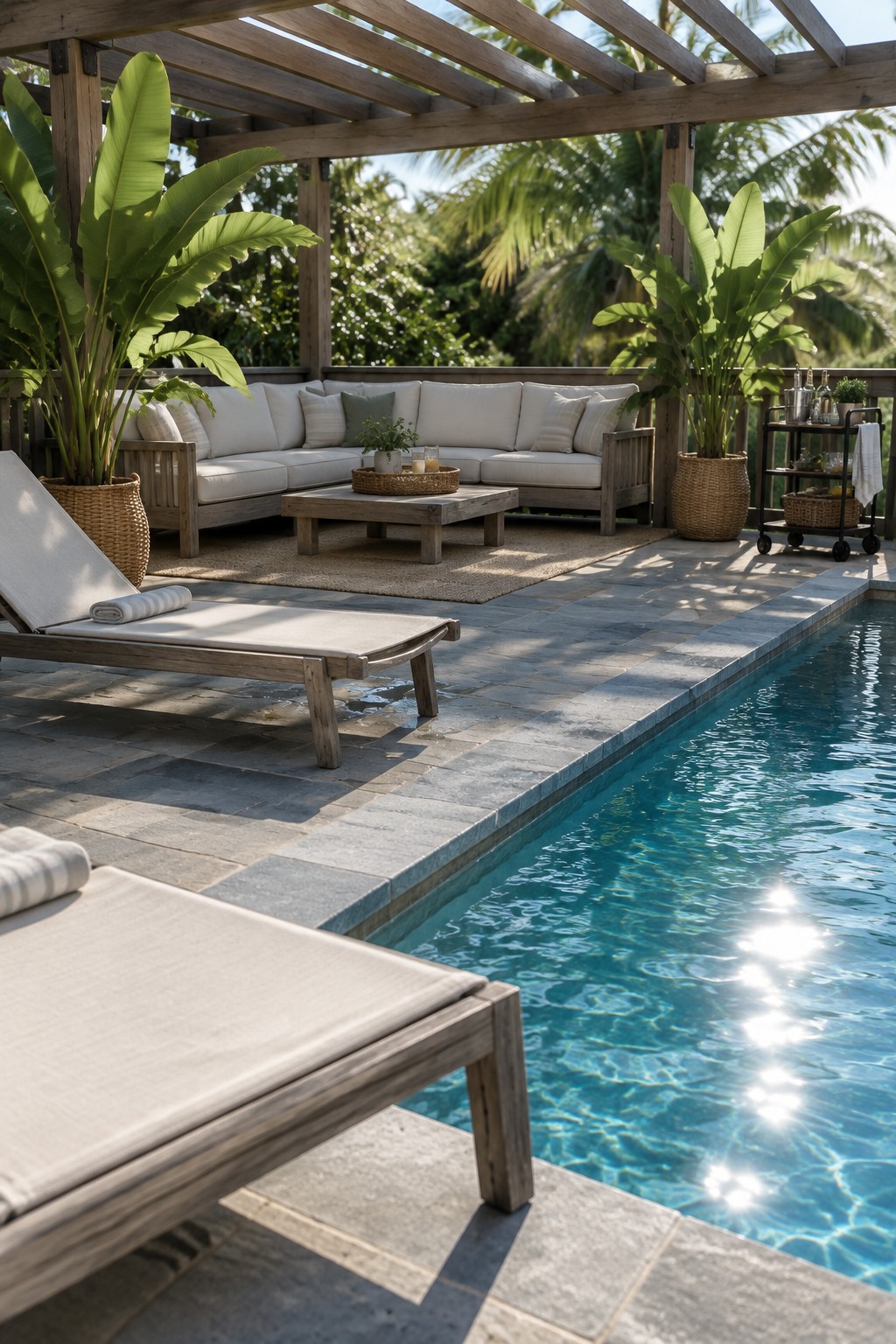Poolside patio with wooden sectional sofa, lounge chairs, and potted plants by turquoise pool