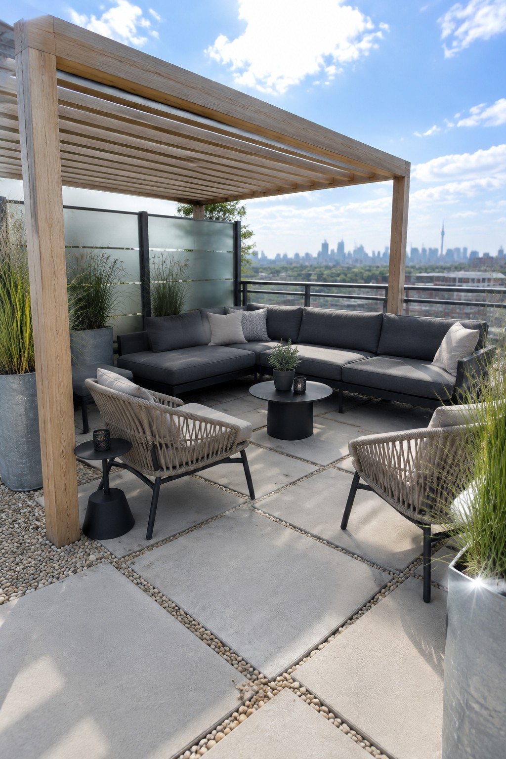Modern rooftop patio with gray sectional sofa, woven chairs, wooden pergola, and city skyline.
