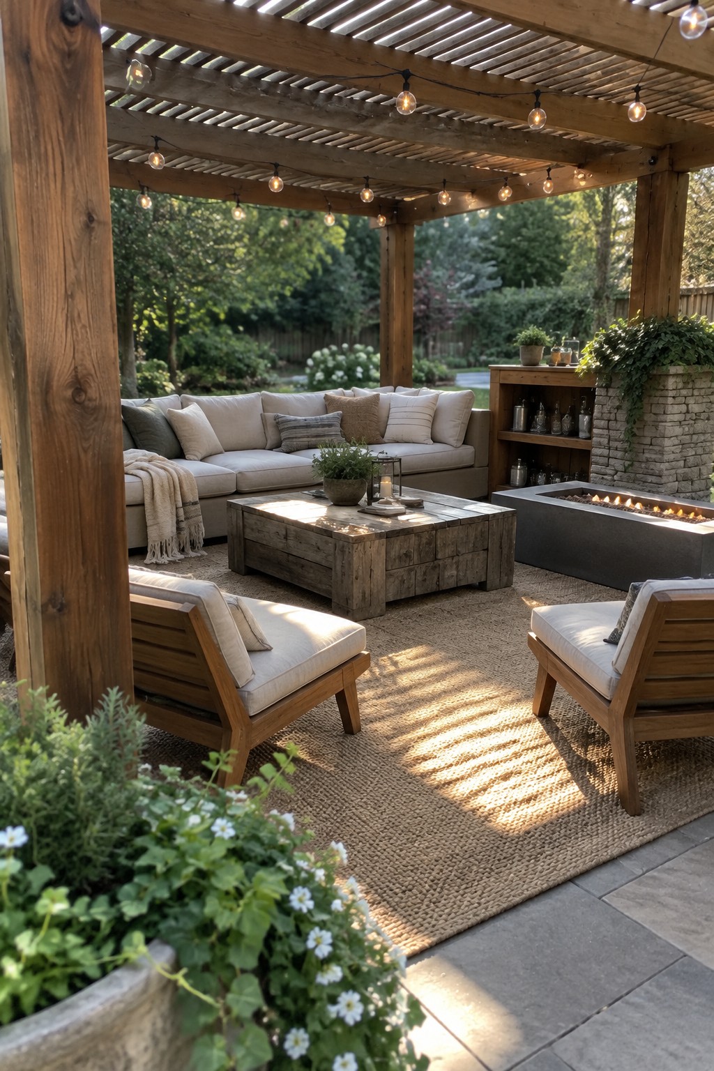 A wooden pergola with string lights shelters a large outdoor sectional sofa, two lounge chairs, a wooden coffee table, and a fire pit on a patio with a woven rug.