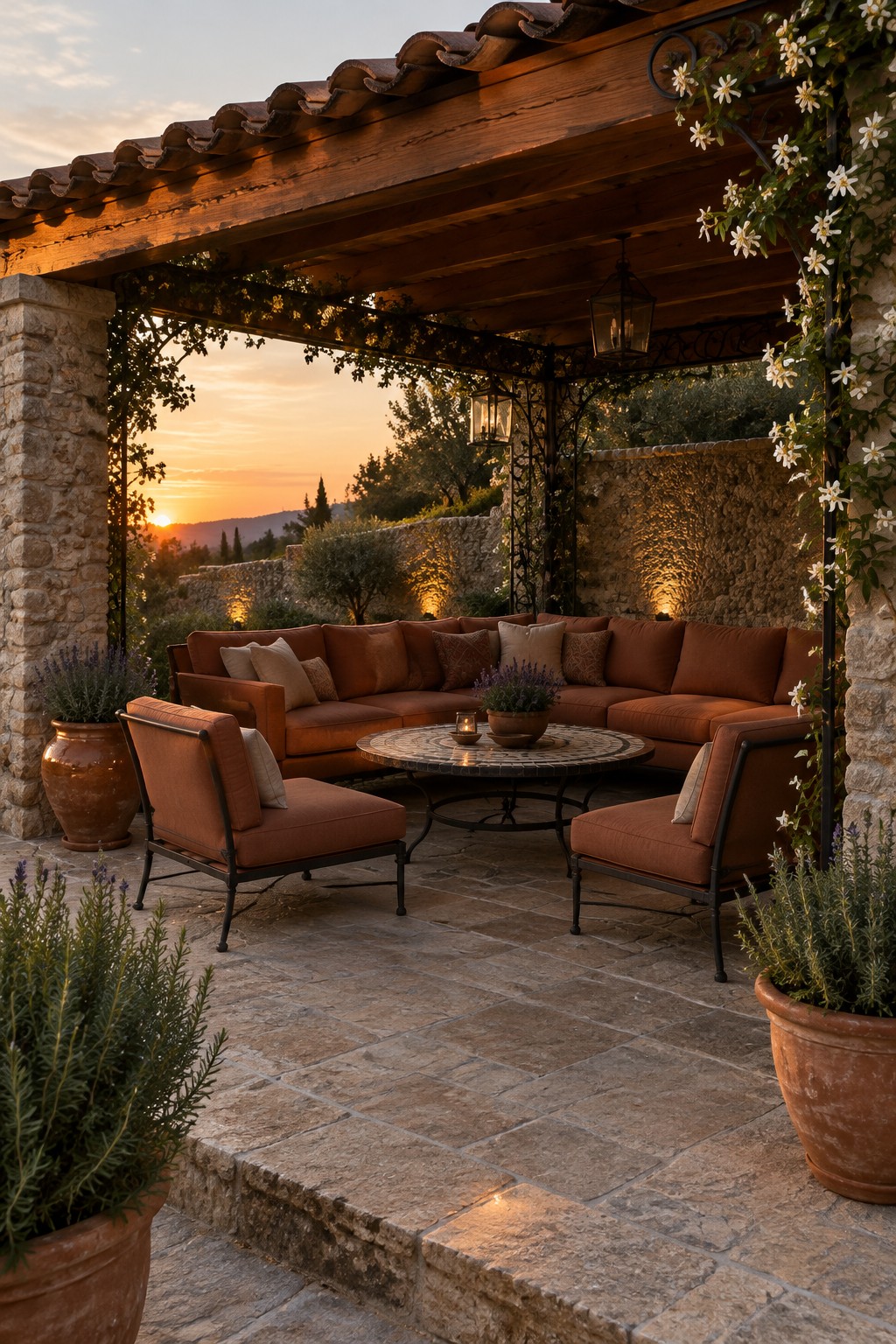 A wooden pergola with terracotta roof tiles shelters a large rust-colored sectional sofa and two lounge chairs arranged around a round mosaic table on a stone patio, with potted lavender plants and climbing white flowers on the structure.