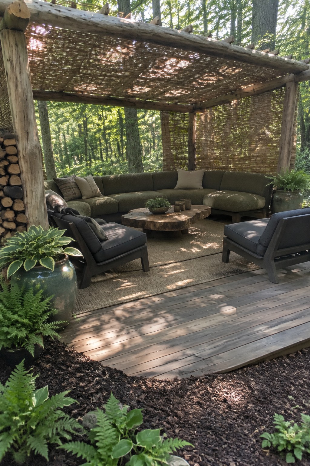 A rustic wooden pergola with a woven roof shades a large curved green sectional sofa and two dark lounge chairs on a wooden deck in a forest setting.