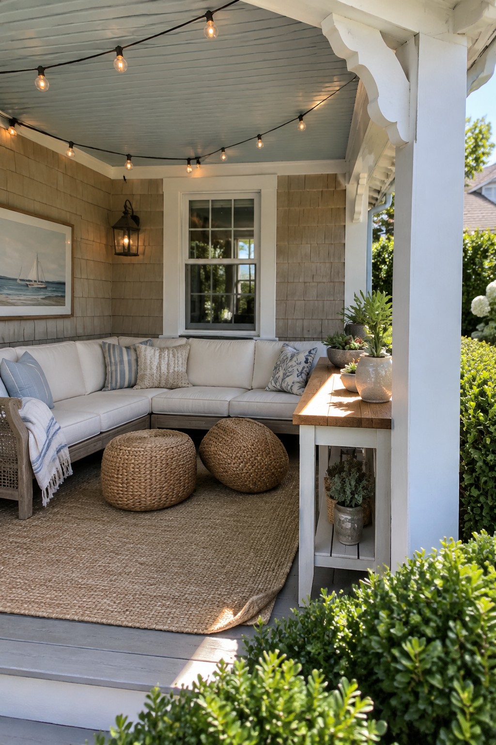 A covered porch features a white L-shaped sectional sofa, two woven ottomans on a jute rug, a wooden side table with potted plants, string lights overhead, and green shrubs in the foreground.