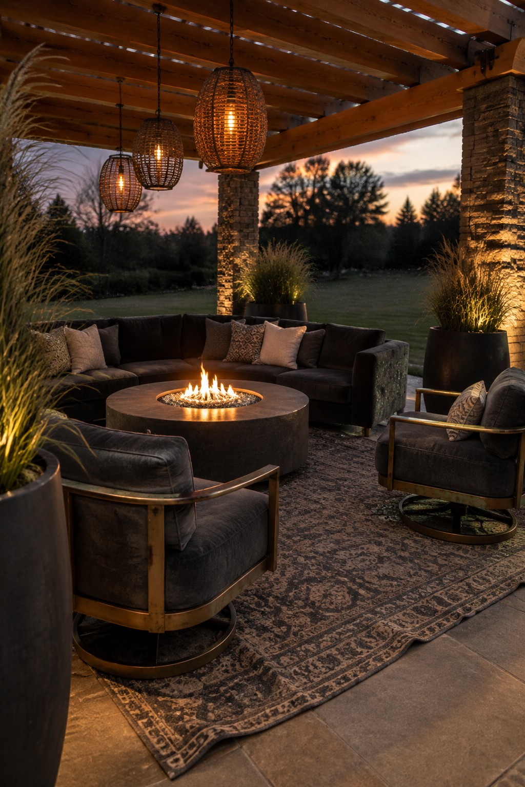 A wooden pergola covers a patio with dark sectional sofas arranged around a round fire pit, a patterned rug underneath, hanging lanterns, and potted plants at dusk.