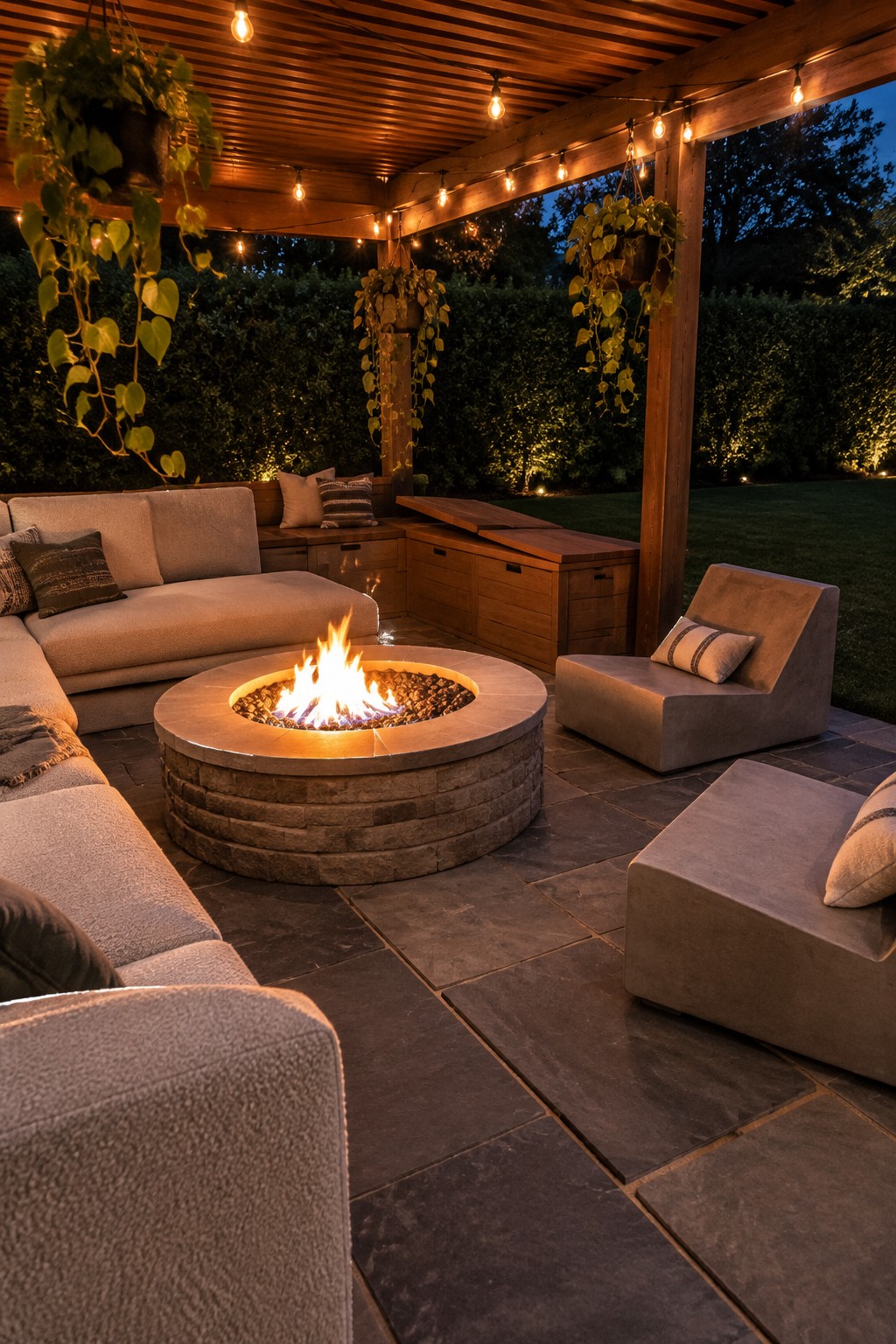 A wooden pergola covers a stone patio with a round fire pit at the center, surrounded by a light-colored sectional sofa and lounge chairs, string lights overhead, and hanging plants.