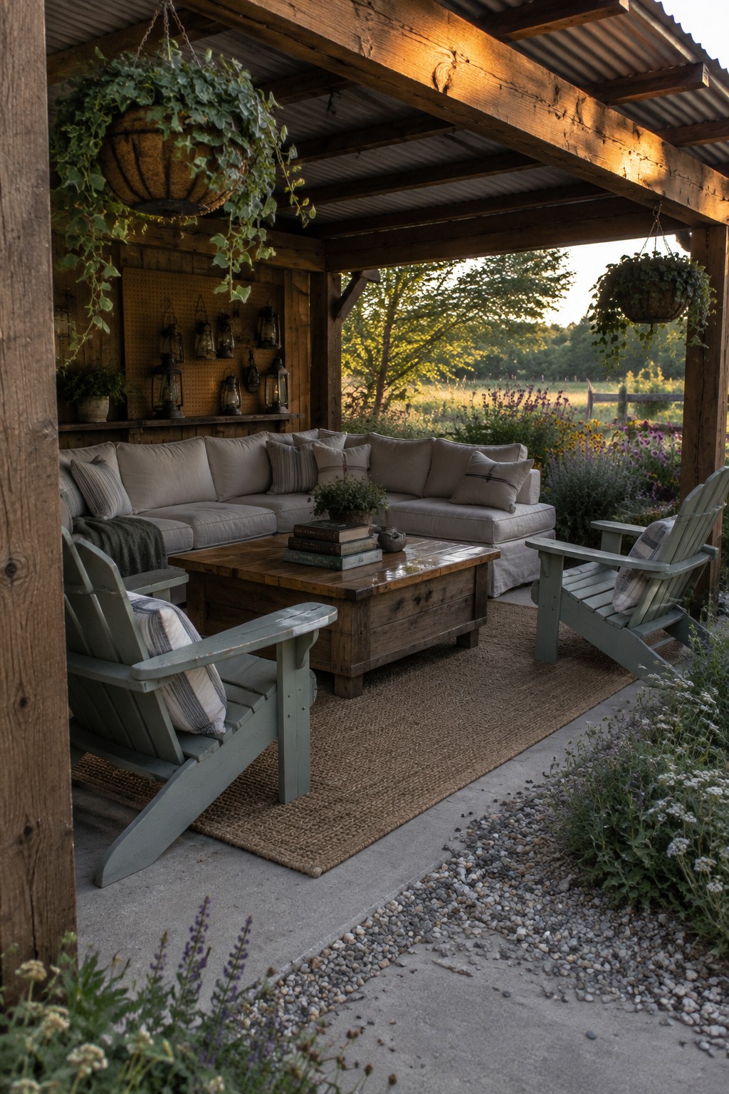 A wooden pergola with a large beige sectional sofa, wooden coffee table on a jute rug, and two green Adirondack chairs on a concrete patio bordered by flowers and gravel.