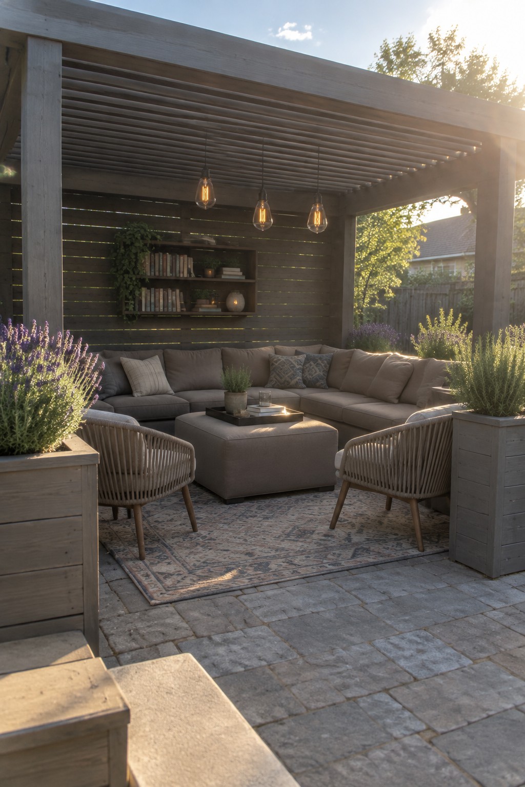 Cozy outdoor patio with beige sectional sofa, woven chairs, ottoman, and hanging lights under pergola.