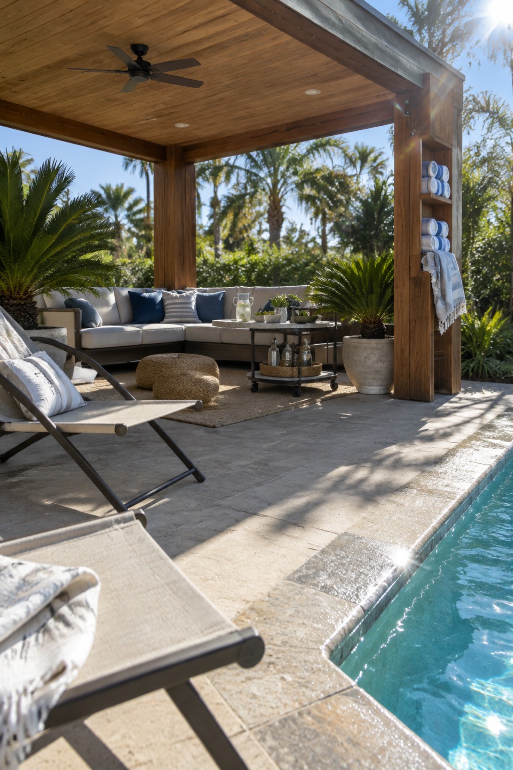 A wooden pergola covers a stone patio with a sectional sofa, two lounge chairs, a bar cart, and rolled towels on built-in shelves, next to a swimming pool with palm trees in the background.