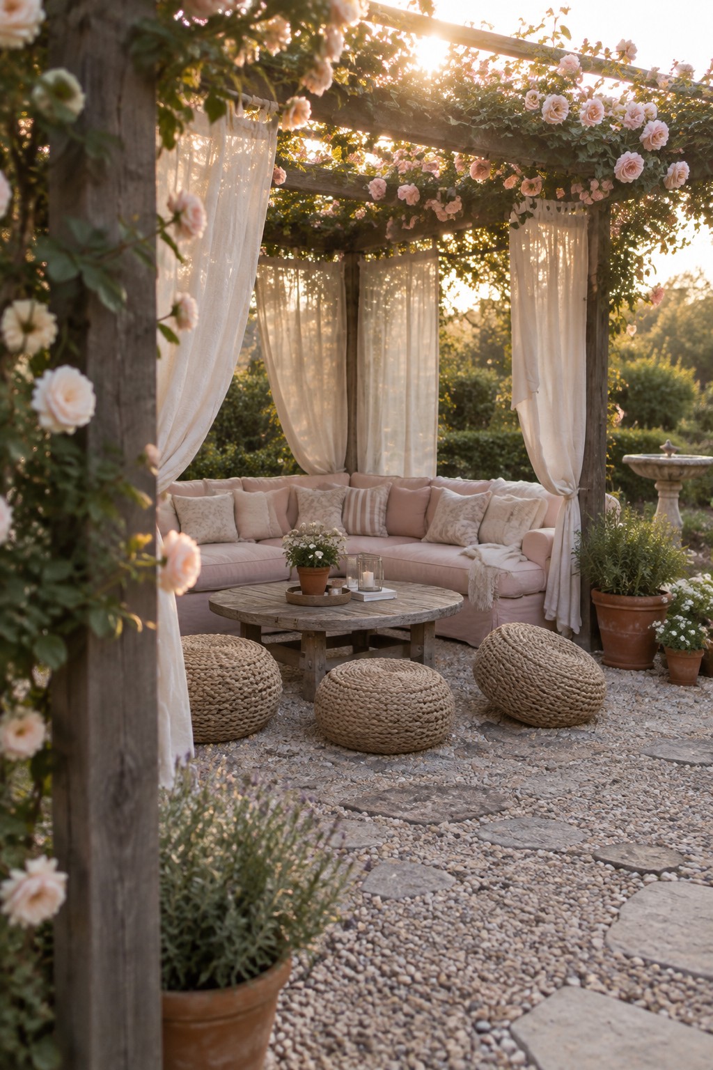 A wooden pergola with pink climbing roses shelters a large pink sectional sofa, sheer white curtains, a round wooden table, and woven ottomans on a gravel surface.