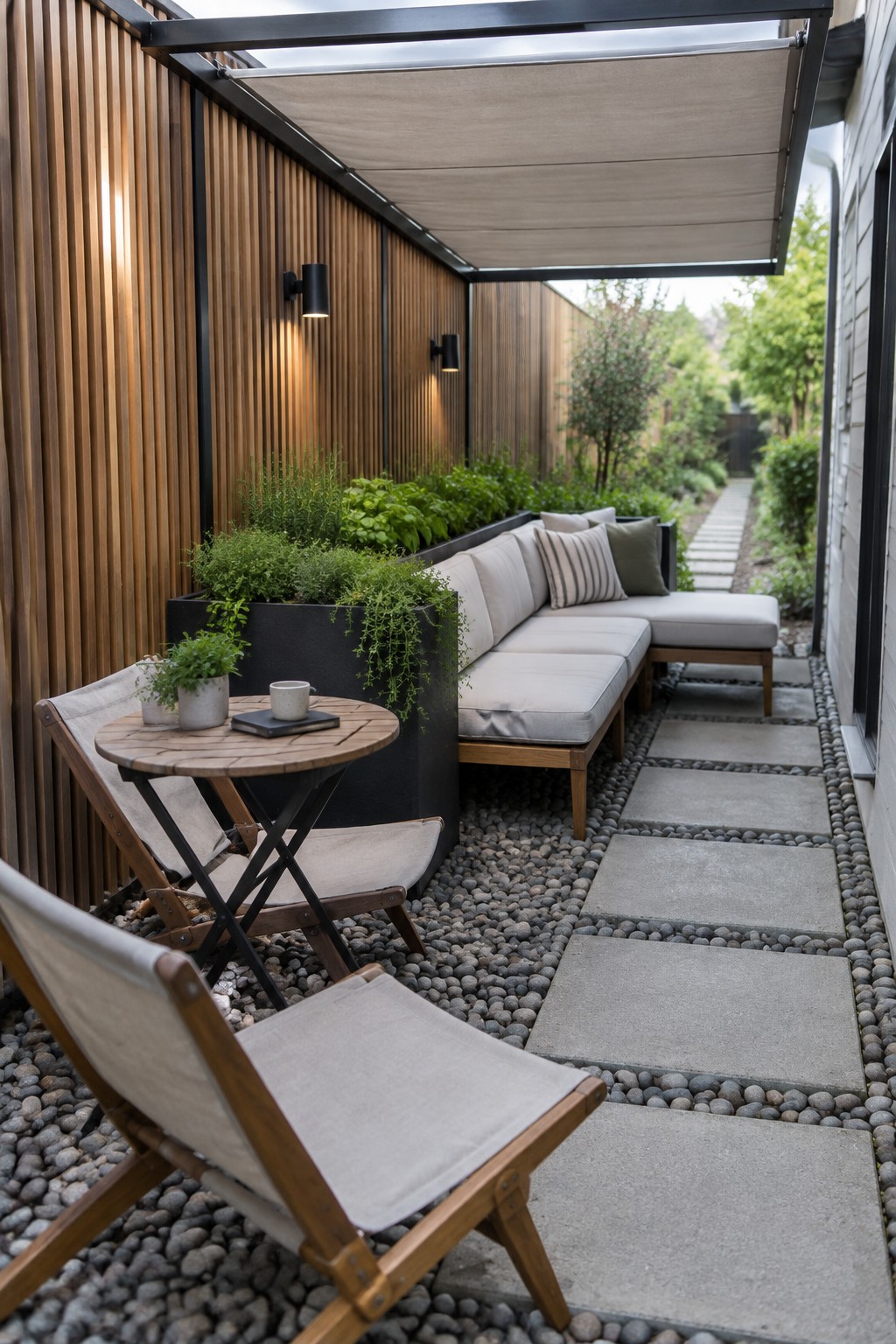An outdoor covered patio with a long sectional sofa along a wood slat wall, two canvas lounge chairs, a round table, and a gravel path with concrete pavers.
