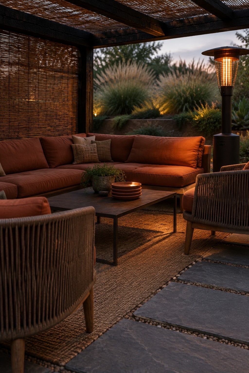 An outdoor covered patio with a wooden pergola, large rust-colored sectional sofa, woven armchairs, dark coffee table, and tall patio heater on a jute rug and stone pavers at dusk.