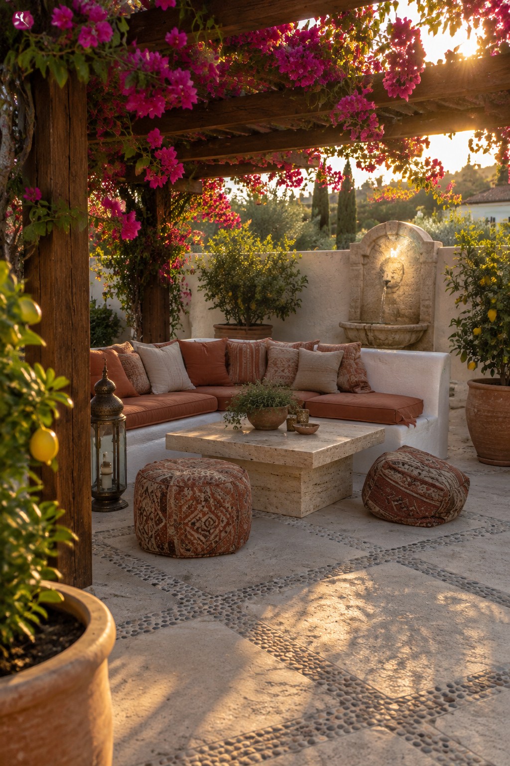 A wooden pergola draped in pink flowers shelters a long terracotta sectional sofa with pillows, a stone coffee table, two patterned poufs, and a fountain on a stone patio.