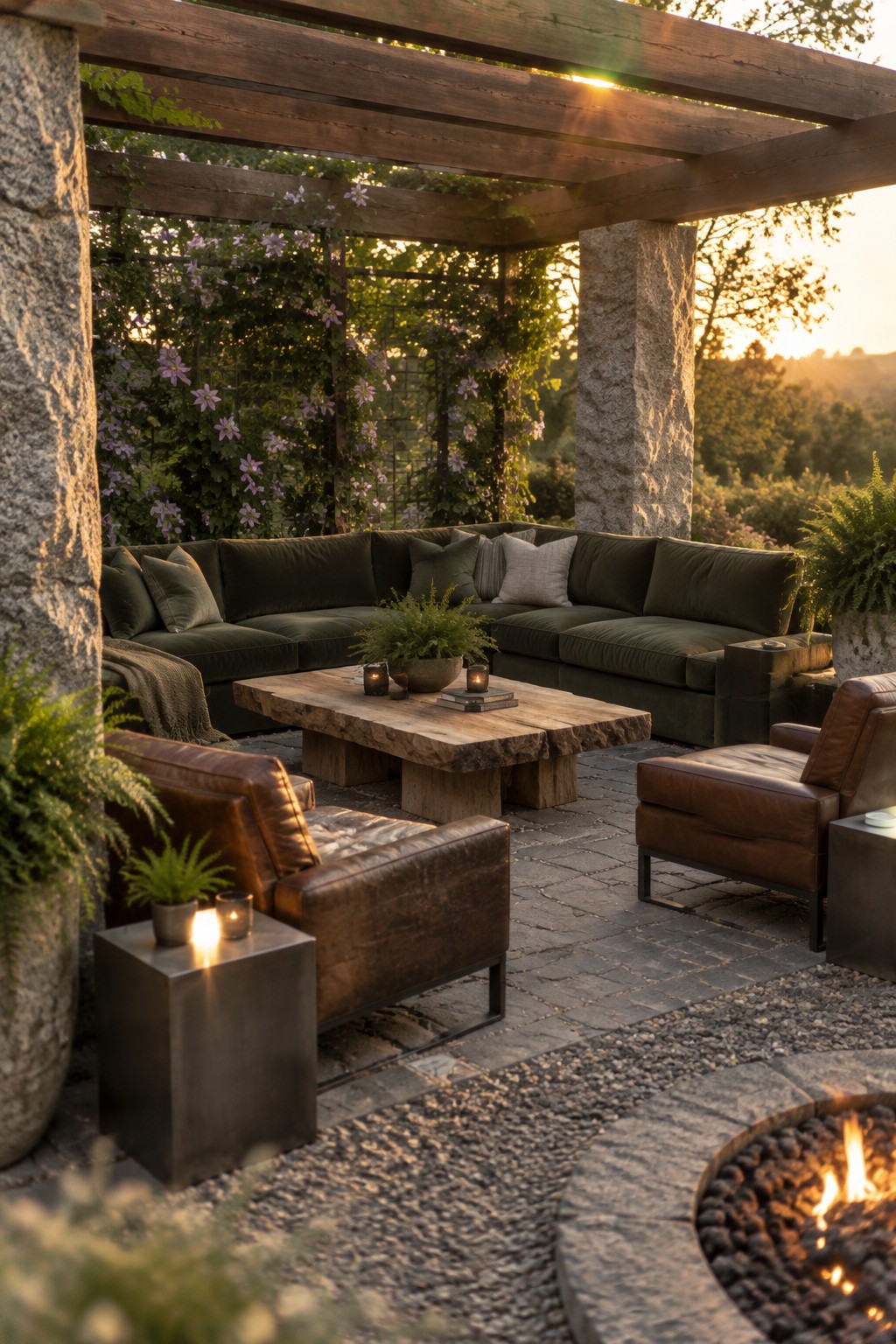 A wooden pergola shelters a large green sectional sofa on a paved patio, with brown leather lounge chairs, a rustic wood coffee table, and a stone fire pit visible in the foreground.