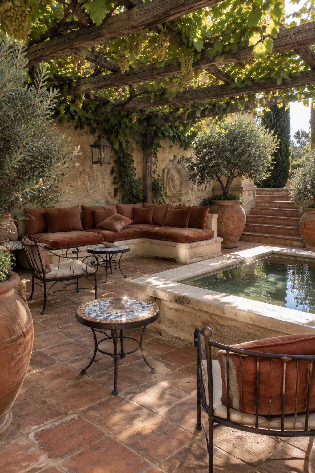 An outdoor patio with a wooden pergola covered in grapevines, an L-shaped sectional with rust cushions, terracotta tile flooring, a small pool, and large clay pots.