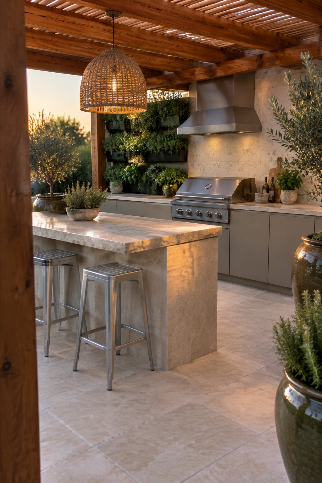 An outdoor kitchen with a large stone island, metal stools, stainless steel grill and range hood under a wooden slatted pergola, surrounded by potted plants.