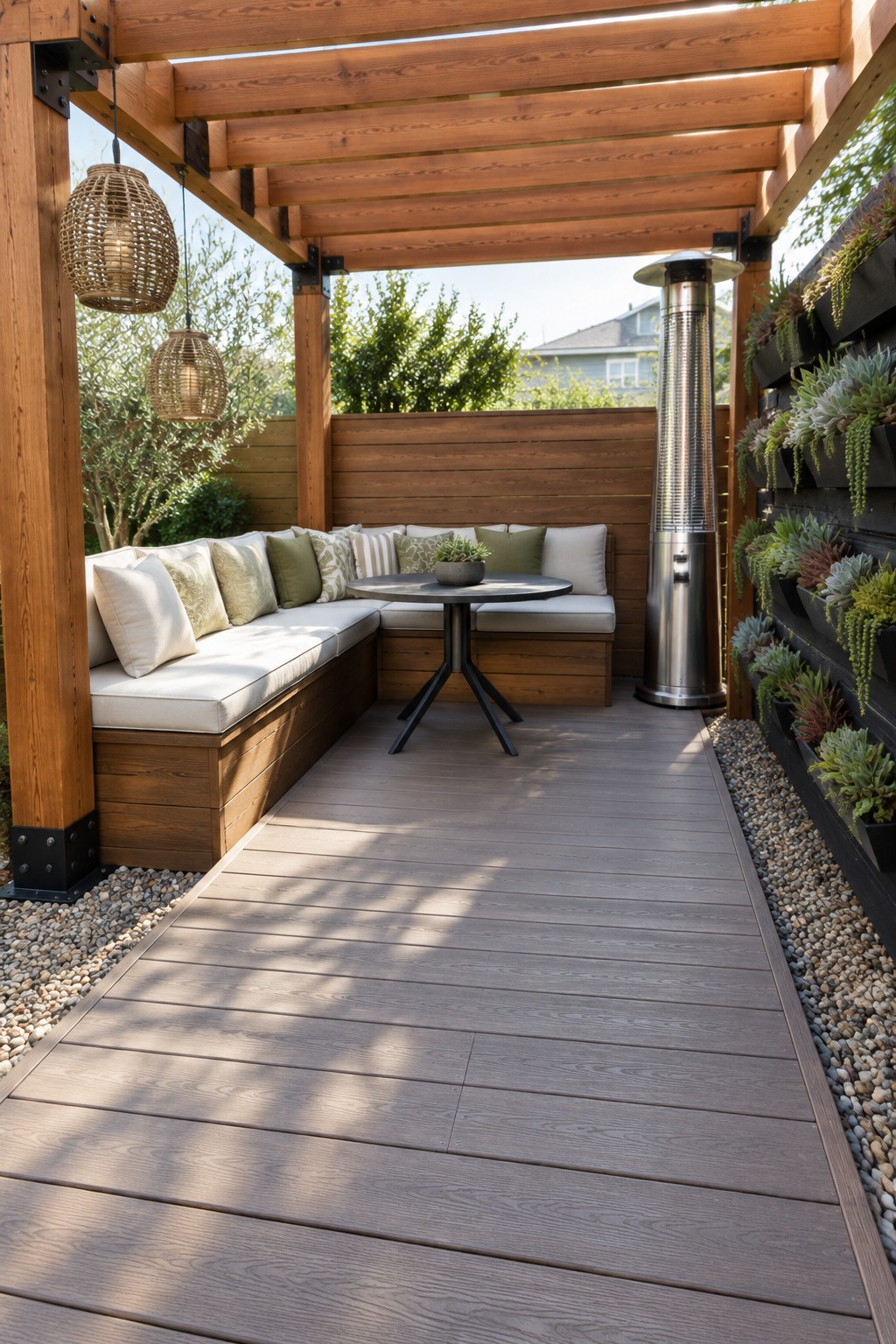 A wooden pergola with L-shaped built-in bench seating, round table, patio heater, hanging lights, and vertical planters on a composite deck.