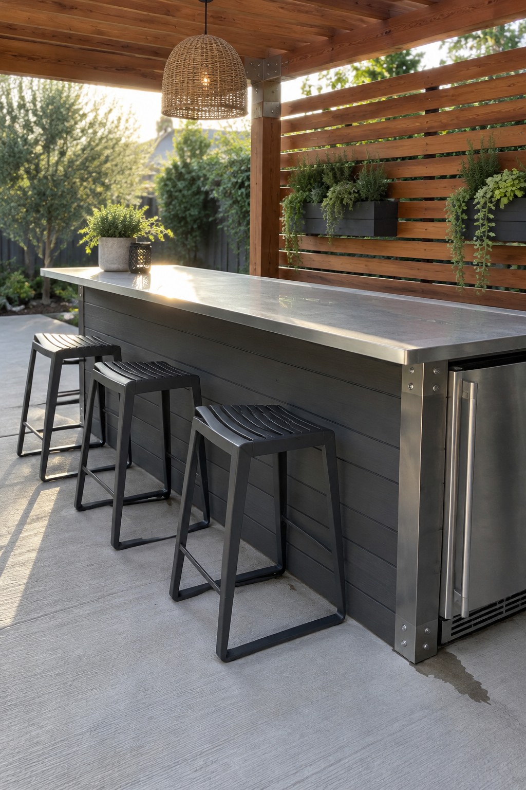 An outdoor bar counter under a wooden pergola with horizontal slats holding rectangular planters filled with green plants, and black stools along the front.