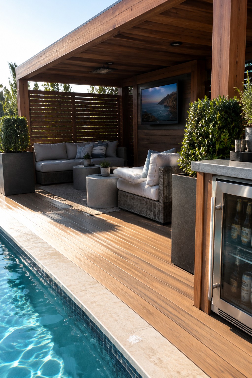 A wooden pergola covers a deck area with outdoor seating, a wall-mounted television, and a stainless steel beverage cooler beside a swimming pool.