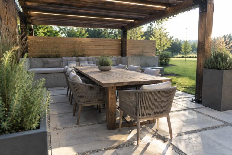 24 Low-Maintenance Wooden Pergola Ideas Using Weather-Resistant Finishes A wooden pergola with linear LED lighting under the beams covers a long dining table and mixed seating on a stone patio with potted plants nearby.