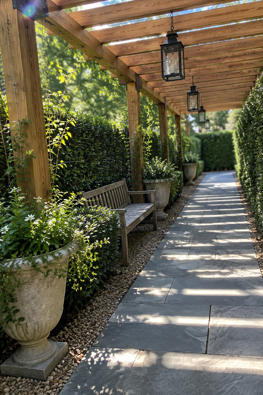 A wooden pergola covers a long stone pathway with a bench, hanging lanterns, and large potted plants along the sides.