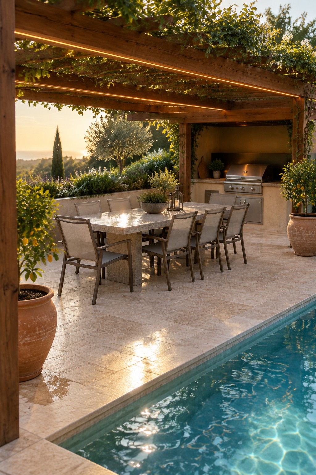 A wooden pergola with linear lighting spans a stone dining table and chairs on a tiled patio next to a swimming pool, with an outdoor kitchen visible in the background.