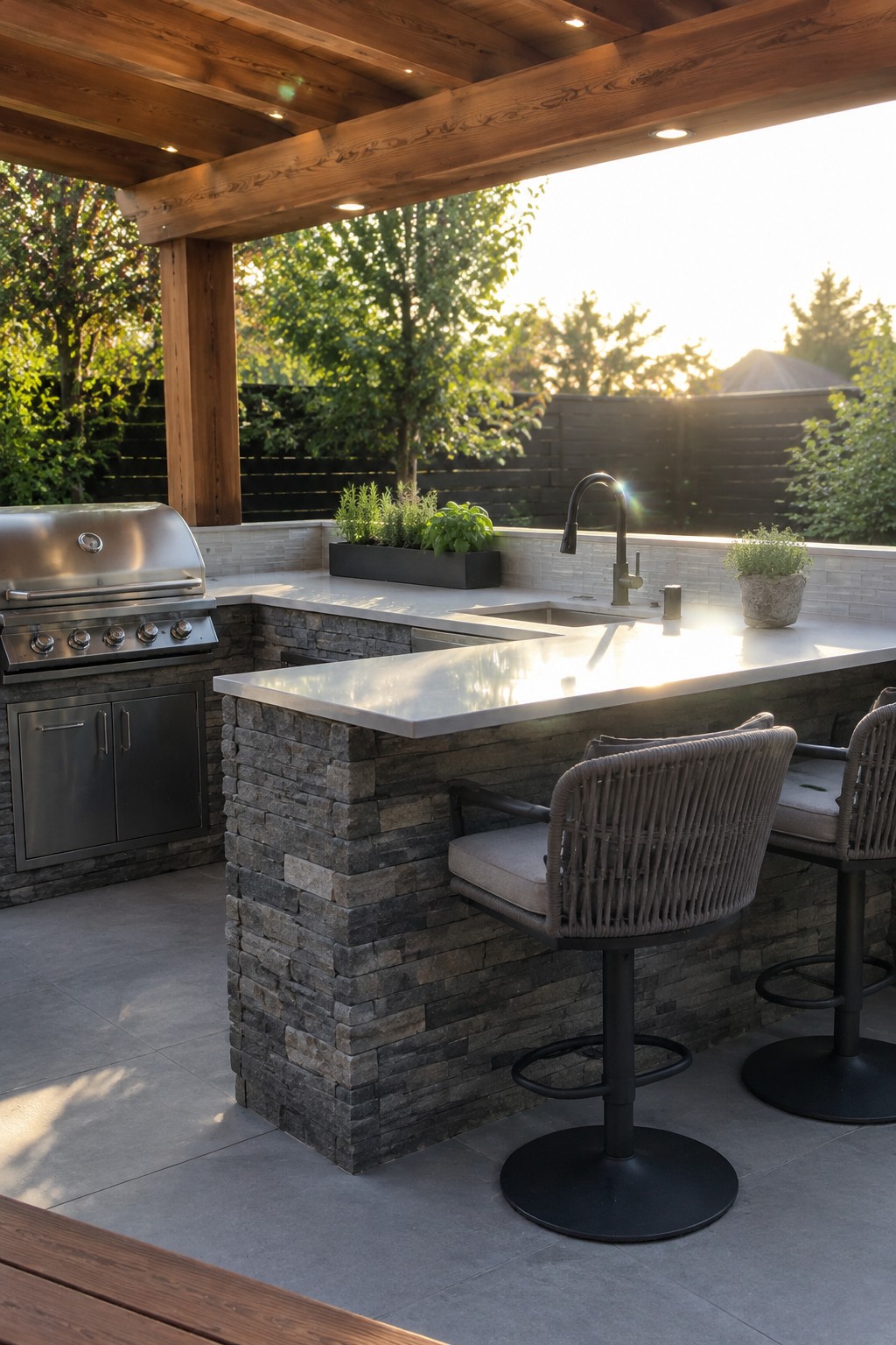 Outdoor kitchen with stone bar, stainless grill, sink, and woven bar stools at sunset