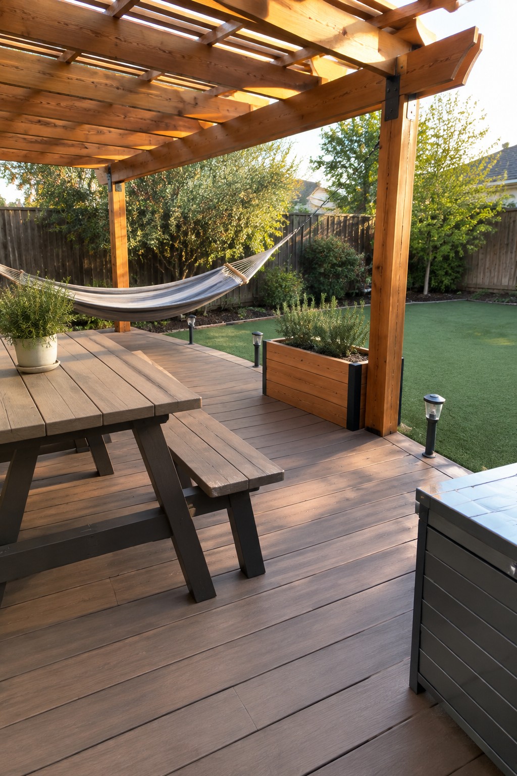 Wooden deck with picnic table, hammock under pergola, and planter box in backyard