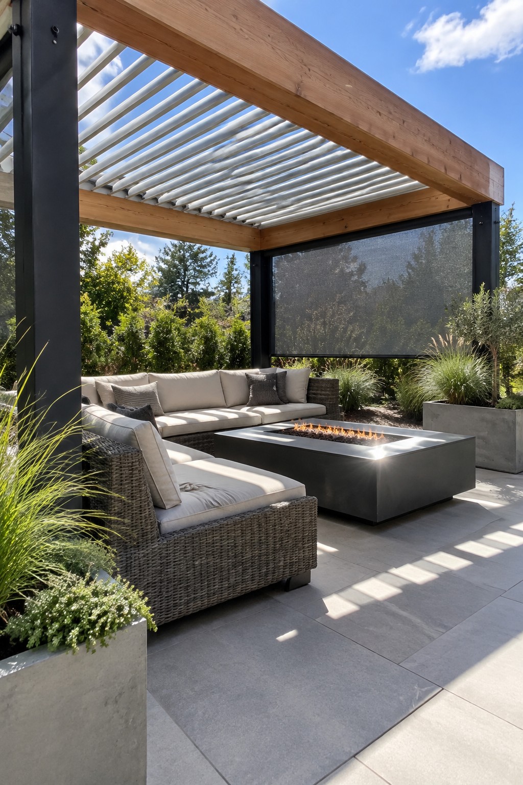 An outdoor patio with a wooden pergola featuring horizontal slats, a dark fire pit, and wicker sectional seating on gray tile.