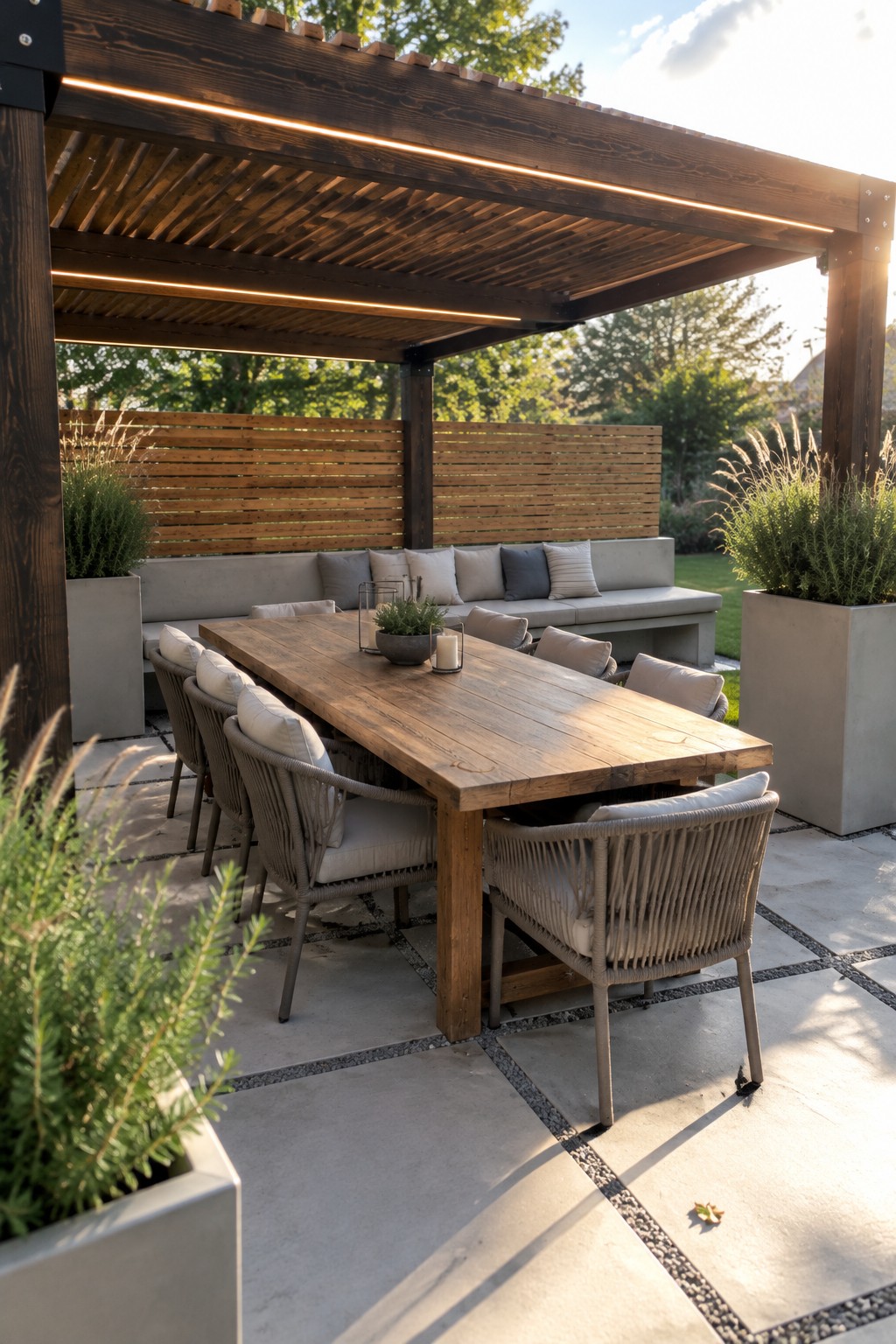 A wooden pergola with linear LED lighting under the beams covers a long dining table and mixed seating on a stone patio with potted plants nearby.