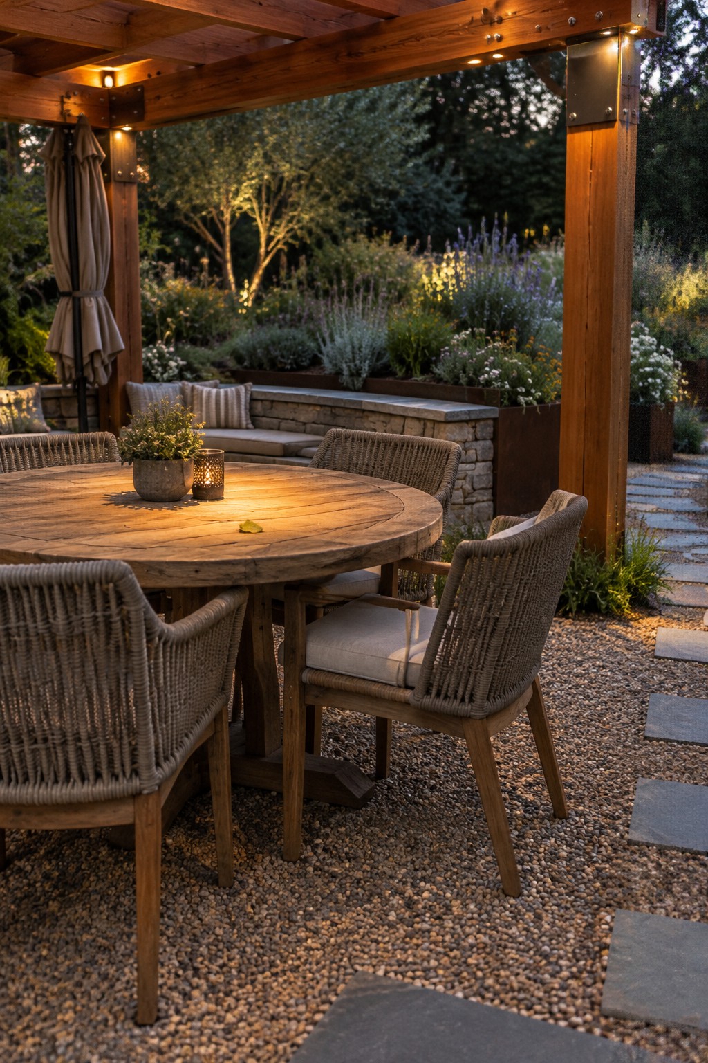 Round wooden table with woven chairs under lit pergola in lush garden at dusk